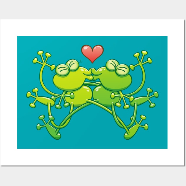Couple of funny green frogs in love kissing passionately Wall Art by zooco